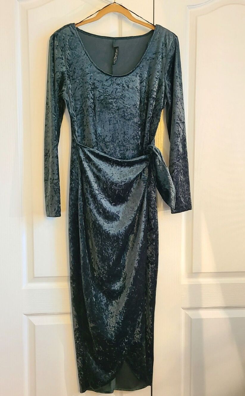 VTG 90s Y2K Green Maxi Velvet Dress Waist Witchy Goth Grunge Fairygoth